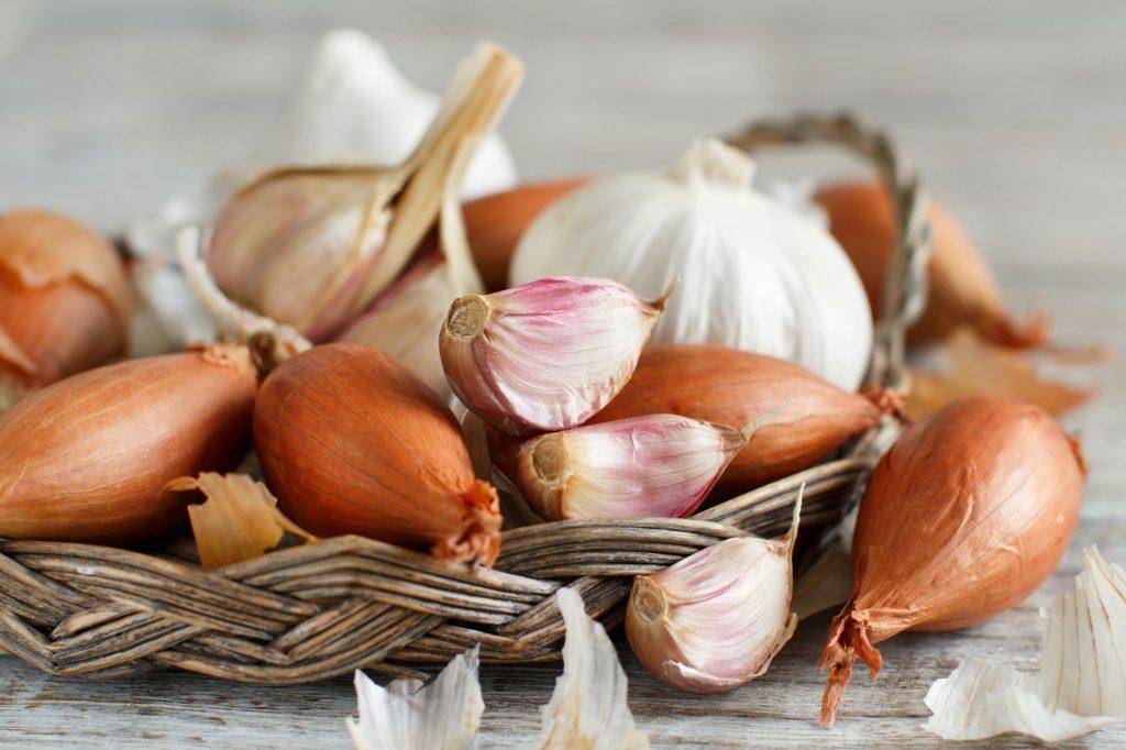 Organic garlic and onion on wooden table