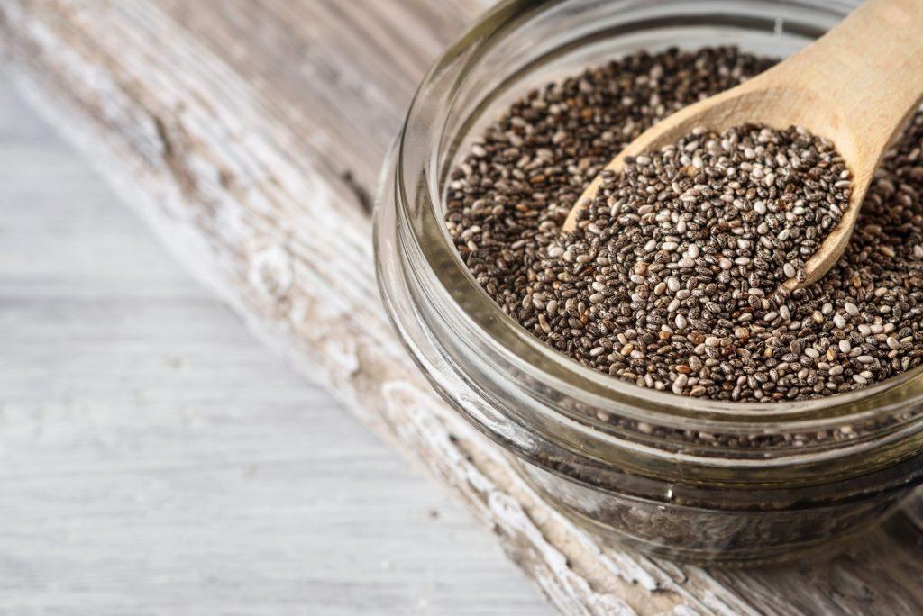 Chia seeds in a glass bowl