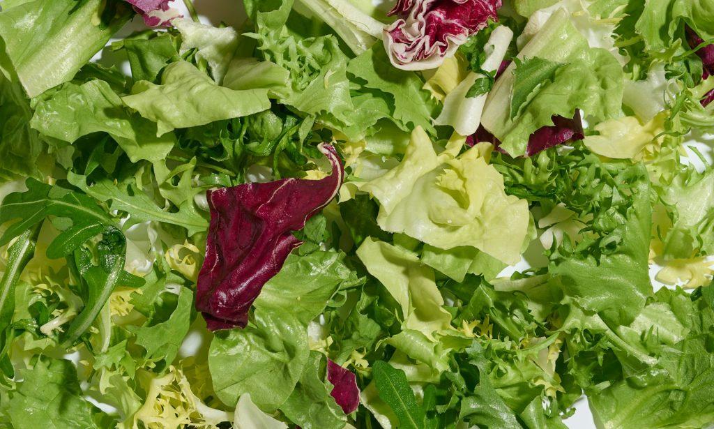 Mix of lettuce leaves escariole, frisee, radicchio, arugula on a white isolated background